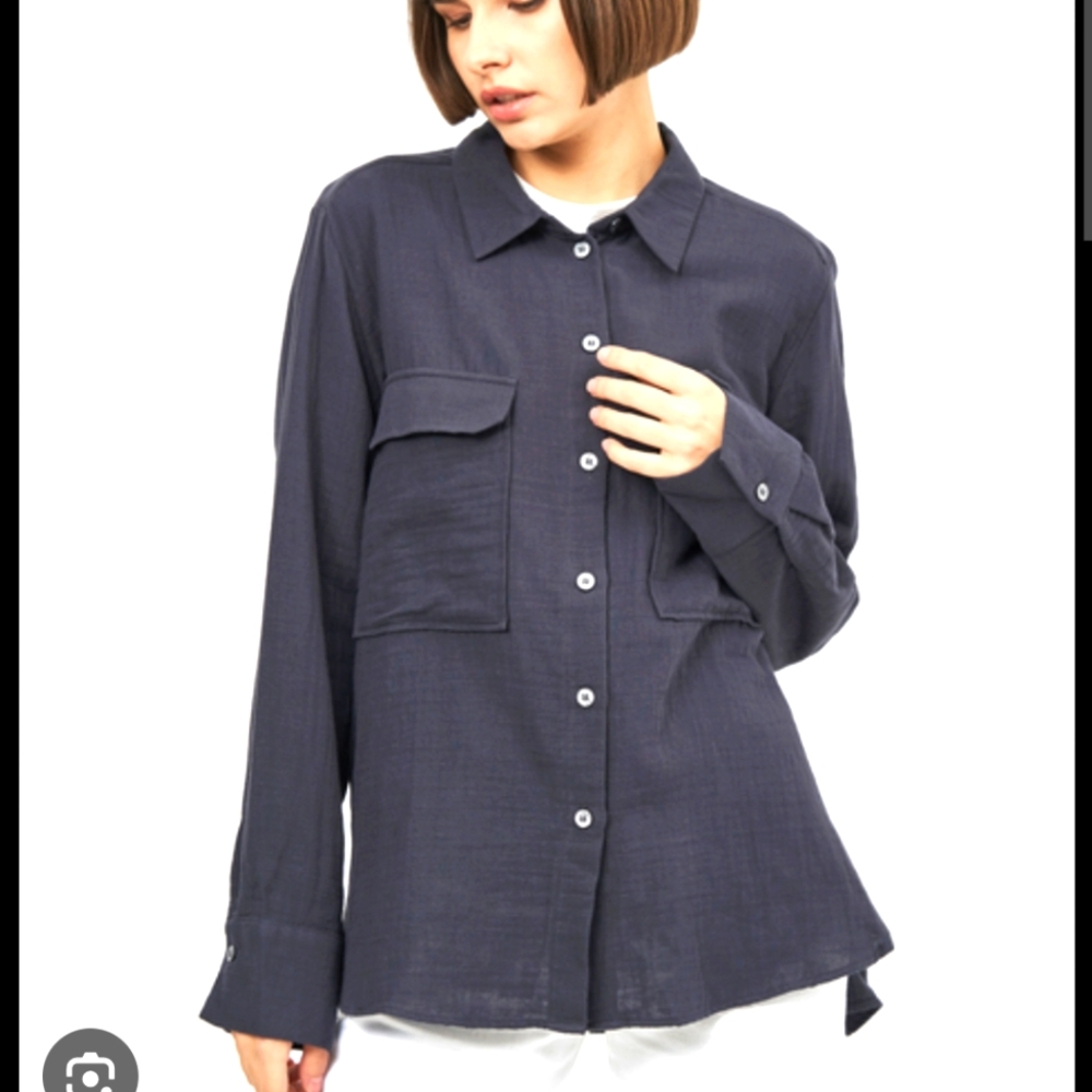 NWT Zara Cotton Navy Button Down Shirt
